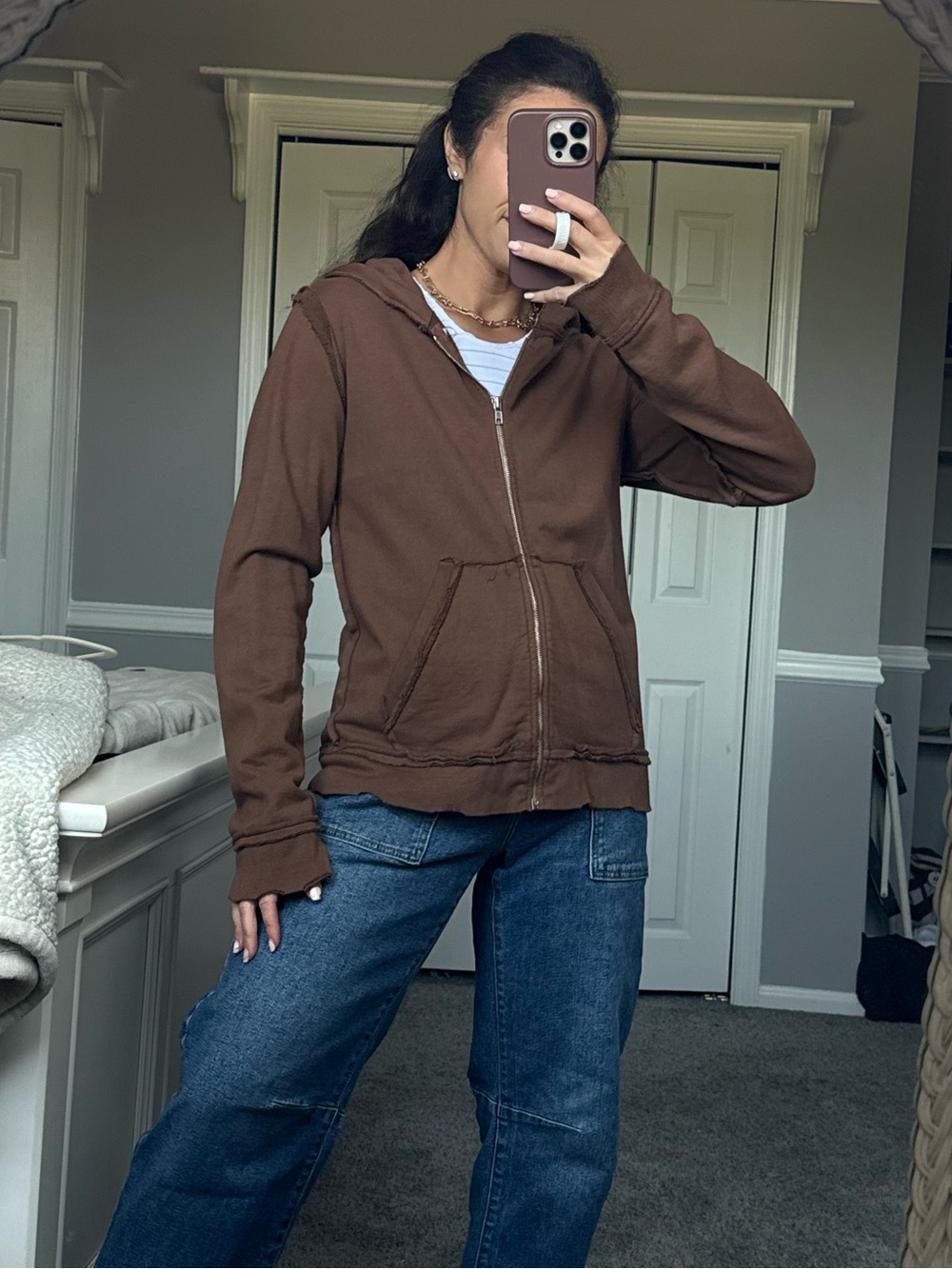 J&Company Brown Sequined Zip Up Sweatshirt